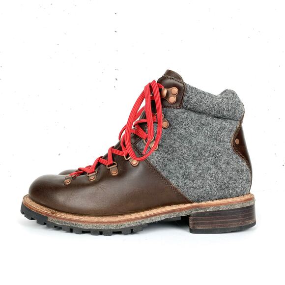 Anthropologie Woolrich Rockies Hiking Boots Ankle Brown Leather Grey Wool Size 9 - Picture 1 of 10